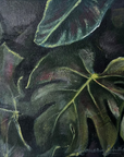 A square canvas painting of tropical monstera leaves in dark green and black tones, mounted on a plain off-white wall.