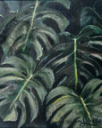 A square canvas painting of monstera leaves in dark green and black tones, mounted on a plain white wall.