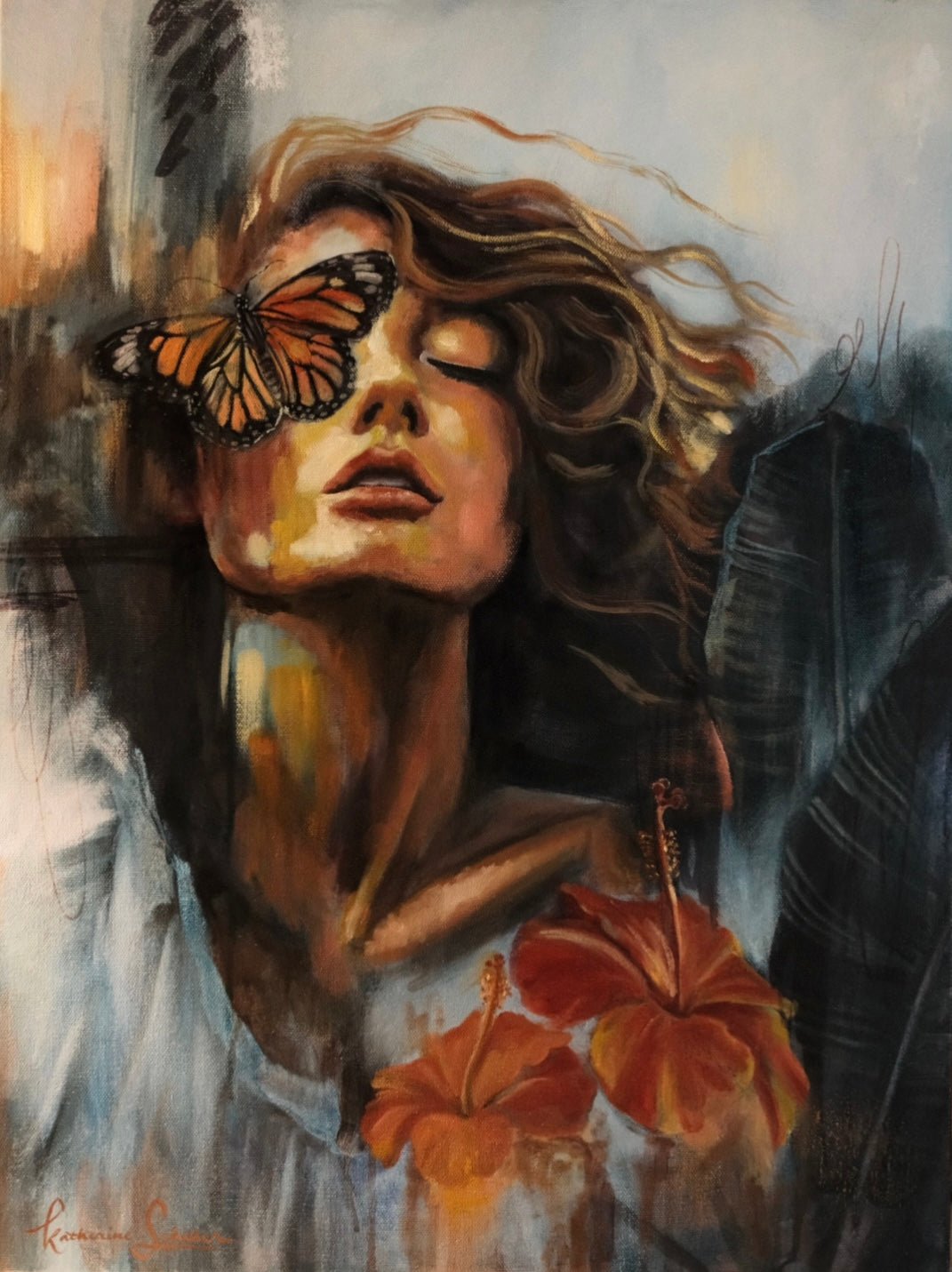 An oil painting of a woman painted in expressive realism style by Katherine Schiller with her hair blowing in the wind, a monarch butterfly over her right eye and surrounded by orange hibiscus flowers and banana palm leaves.