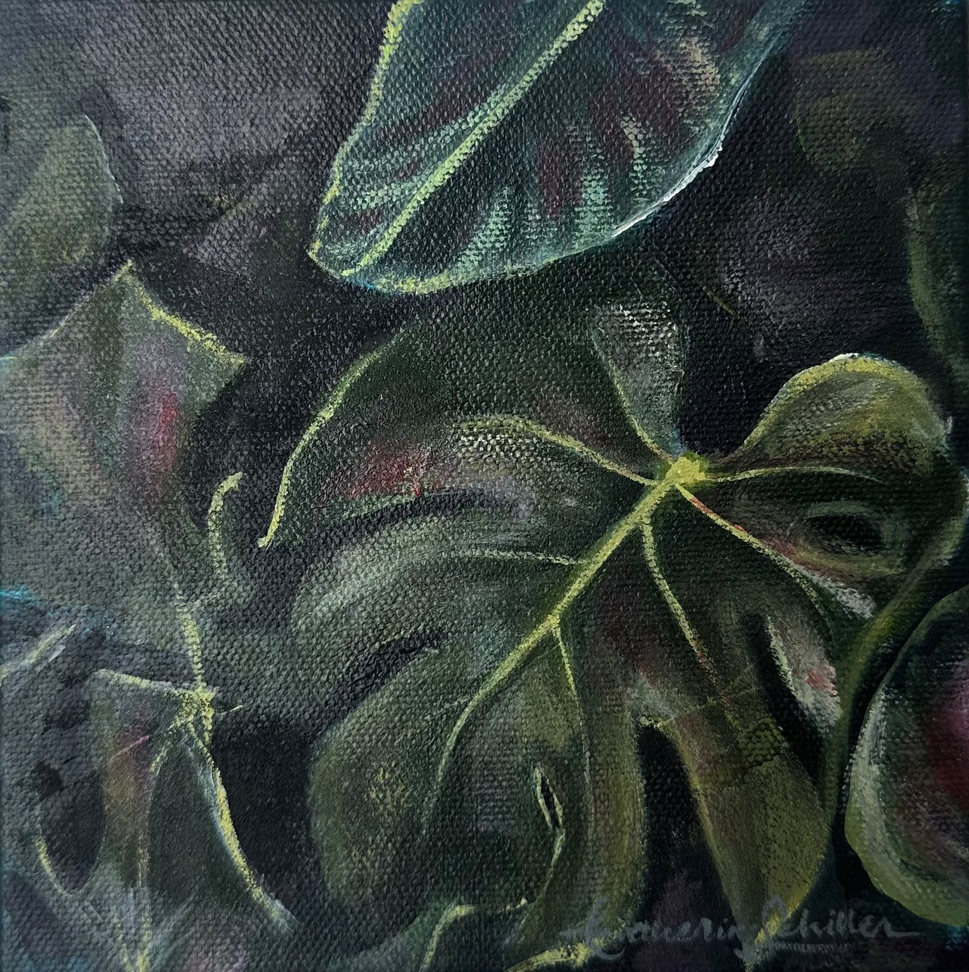 A square canvas painting of tropical monstera leaves in dark green and black tones, mounted on a plain off-white wall.