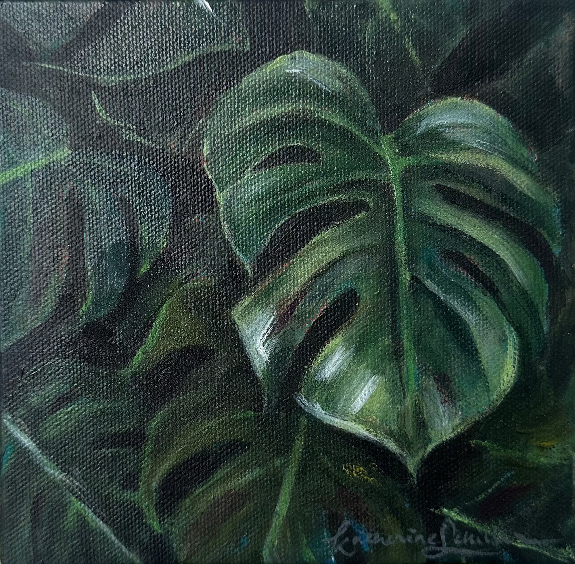 A square canvas painting of green monstera leaves, displayed on a plain off-white wall.