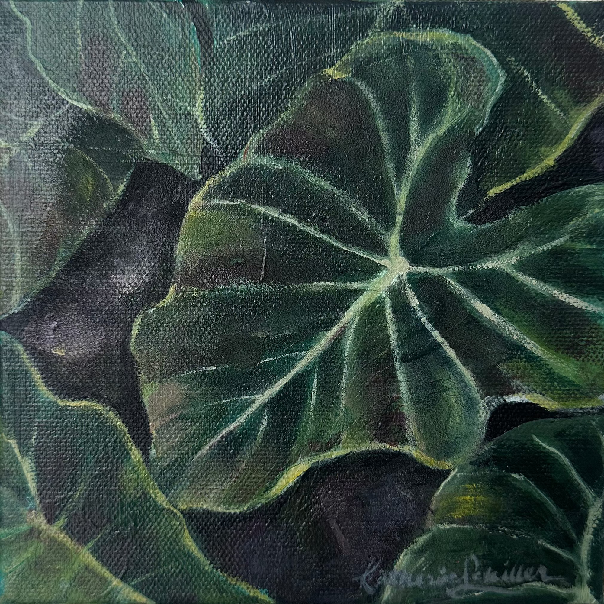 A square canvas painting of tropical green leaves with dark shadows, mounted on a plain white wall.