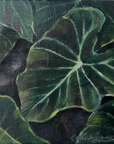 A square canvas painting of tropical green leaves with dark shadows, mounted on a plain white wall.