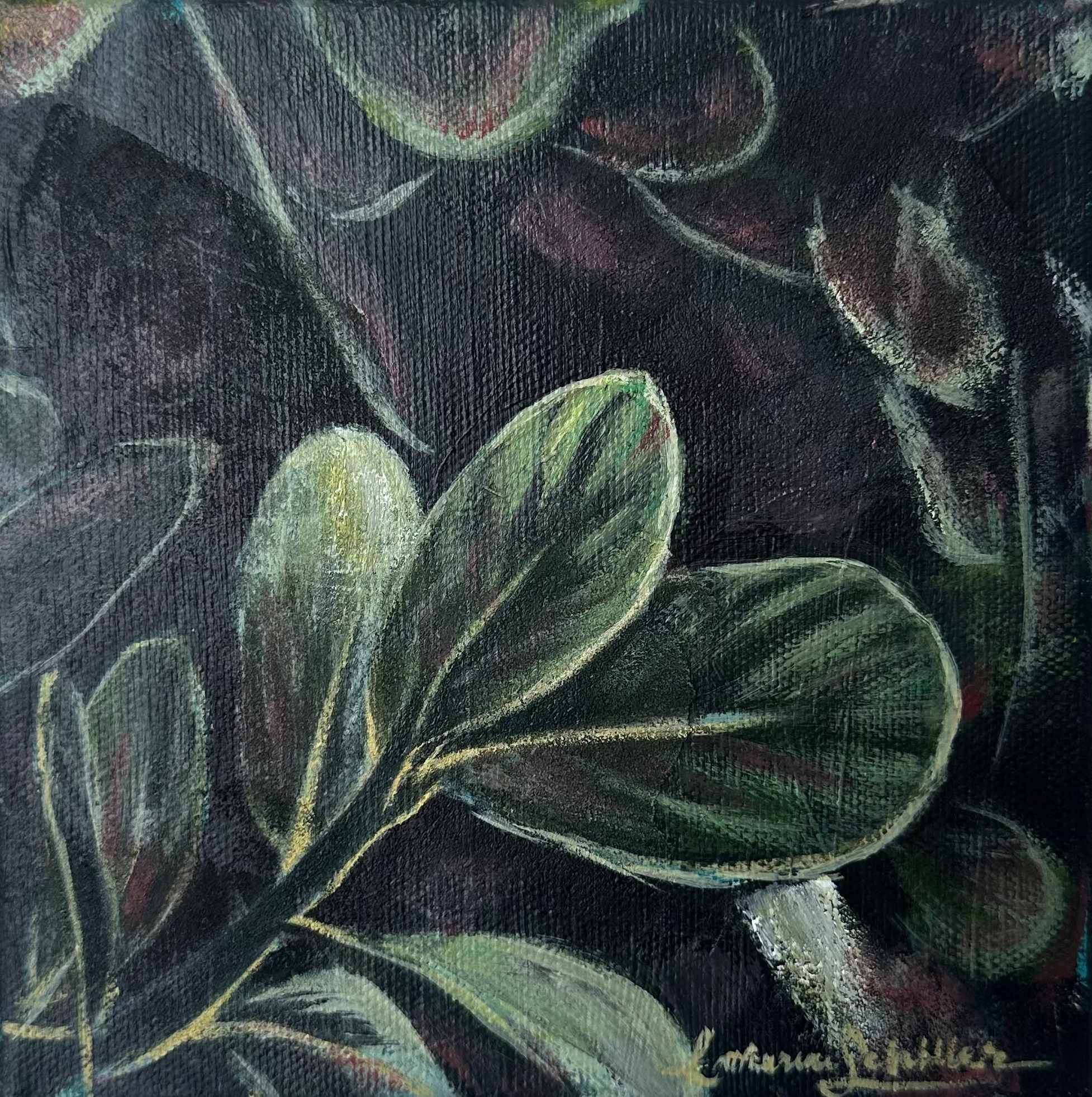 A square canvas painting of green leaves on a dark background, hanging on a plain white wall.