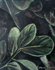 A square canvas painting of green leaves on a dark background, hanging on a plain white wall.