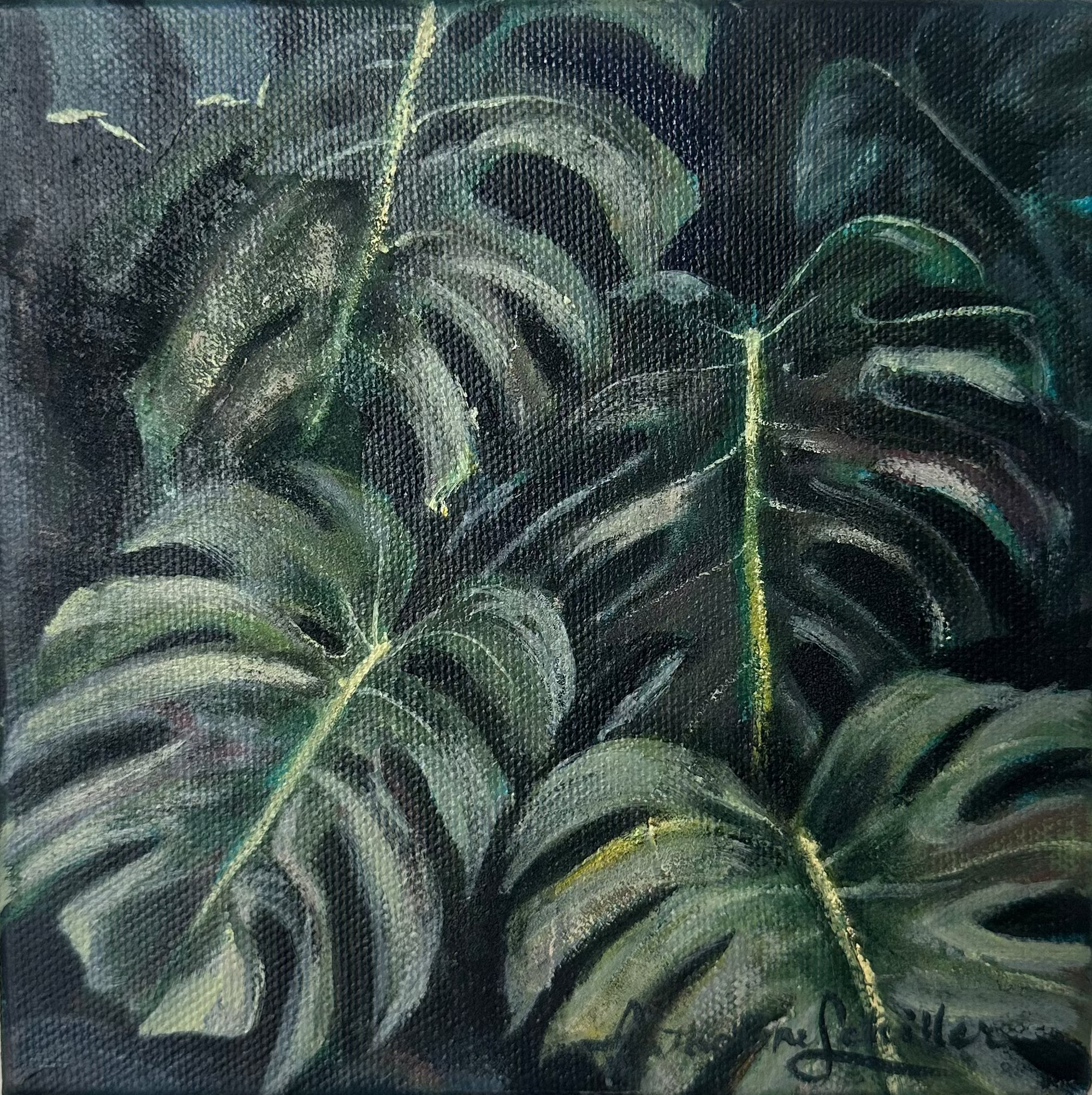 A square canvas painting of monstera leaves in dark green and black tones, mounted on a plain white wall.